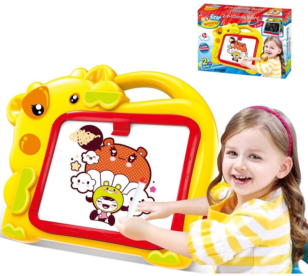 Lavagna Magnetica per Bambini Hippo 2in1 Doppia Area di Disegno con Gessetti Cassino E Pennarelli magici Colore Giallo